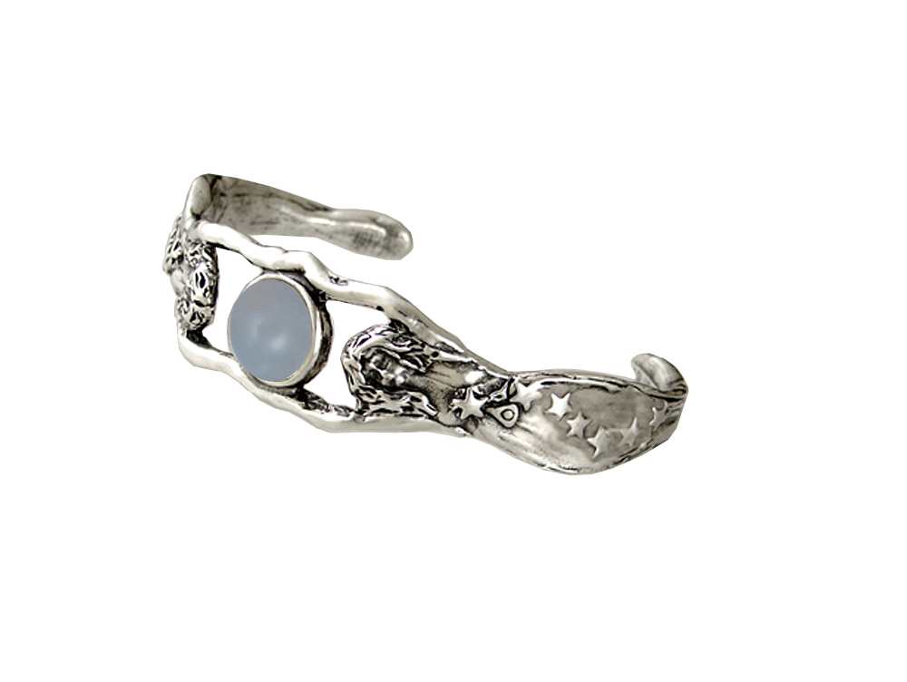 Sterling Silver Fairy Woman Maidens Handmade Cuff Bracelet With Chalcedony